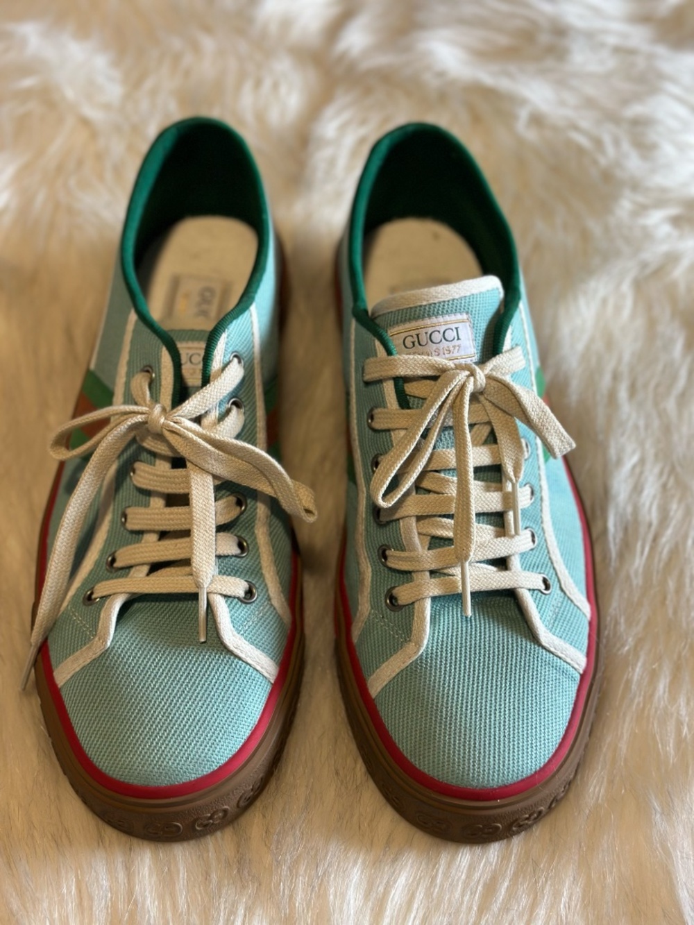 Gucci Tennis 1977 Mint Green Canvas Web Sneakers Size 10 - Picture 2 of 8